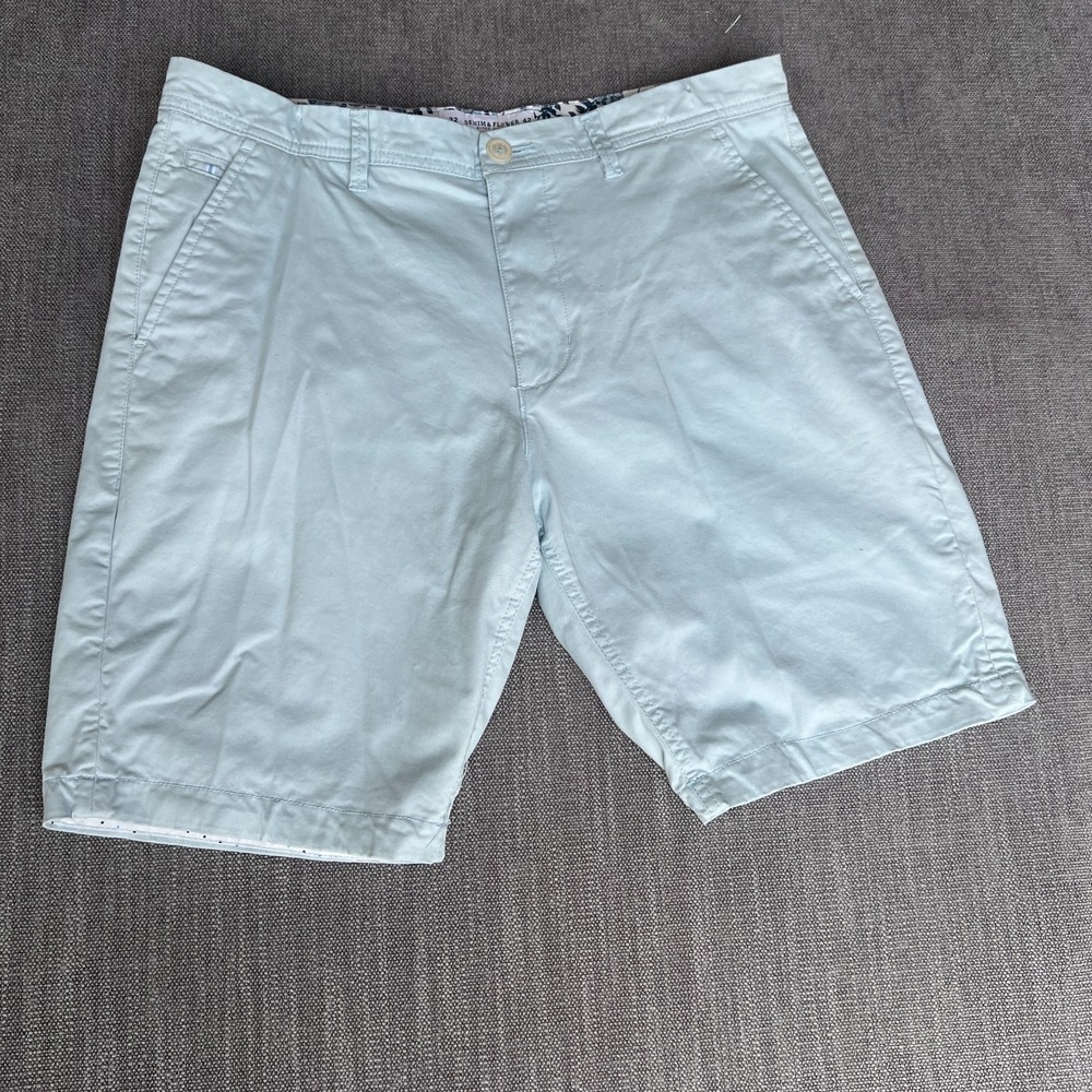 Denim & Flower Chino Shorts Mens 32 Blue Flat Front Stretch Floral Waistband